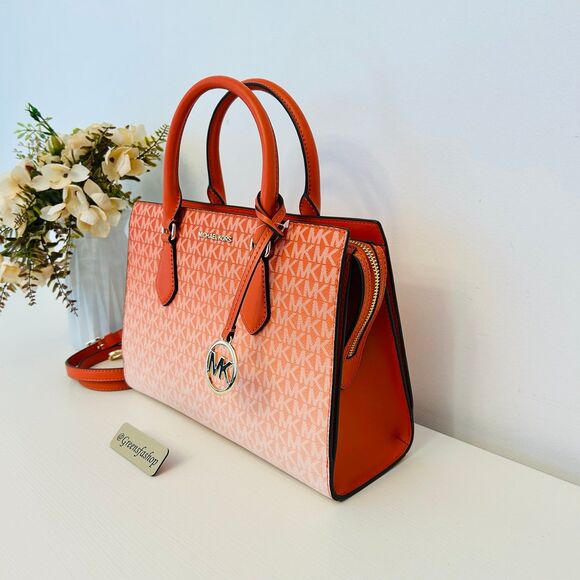 Michael Kors Purse Sheila Medium Ombré Signature Logo Satchel Red Clay - Picture 2 of 10